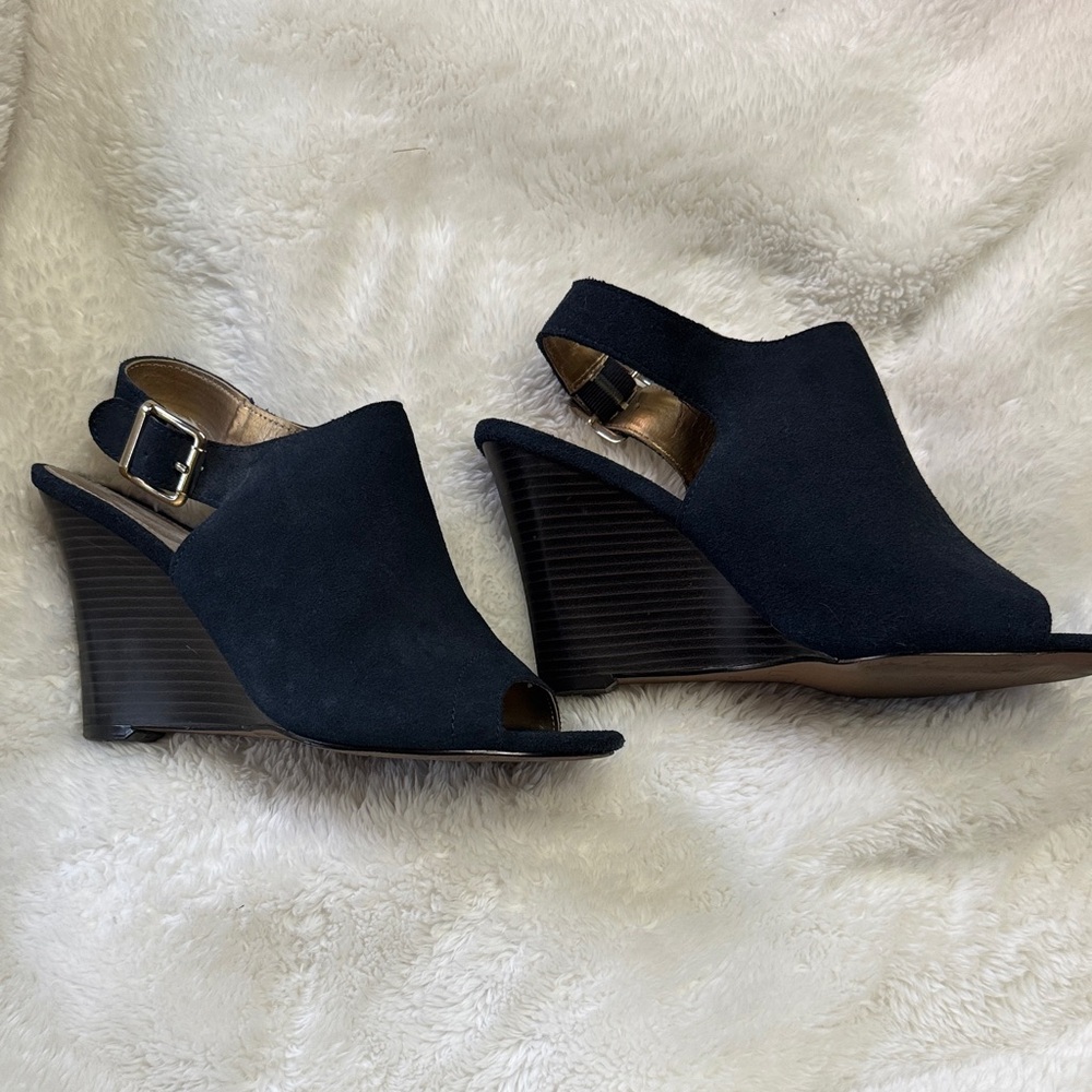 LOFT Navy Peep-Toe Wedge  6.5